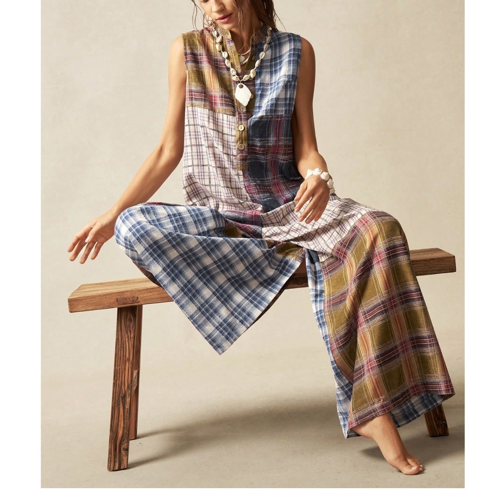 Plus Plaid Print Half Button Sleeveless Wide leg Jumper Jumpsuit - Picture 6 of 6